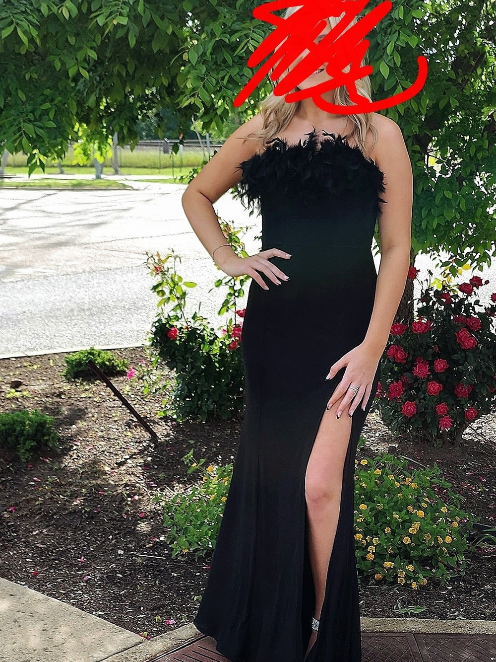Strapless Black Feather-Trim Evening Gown